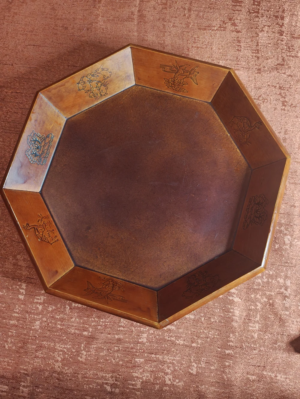 Vintage Asian octagonal wooden serving tray traditional etched pictorial panels